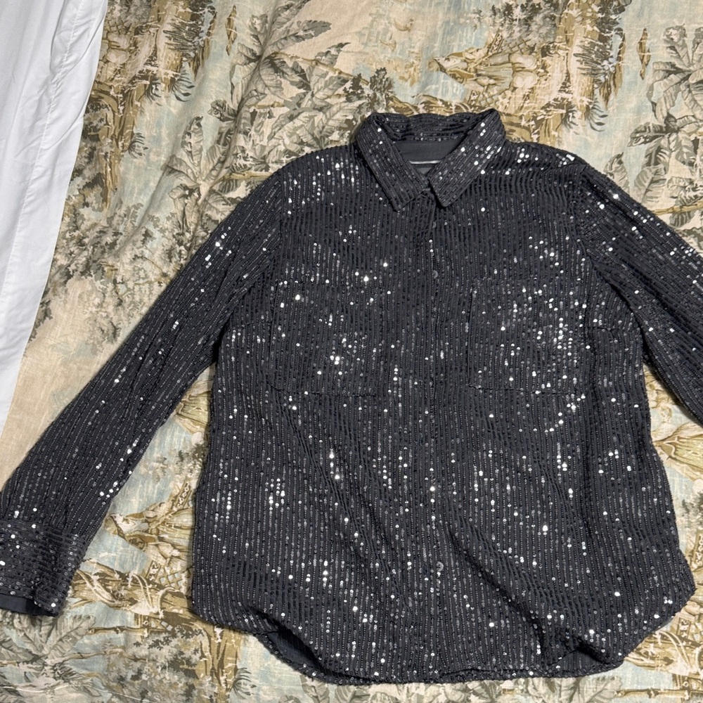Anthropologie XL Dark Gray Sequin Long Sleeve Top